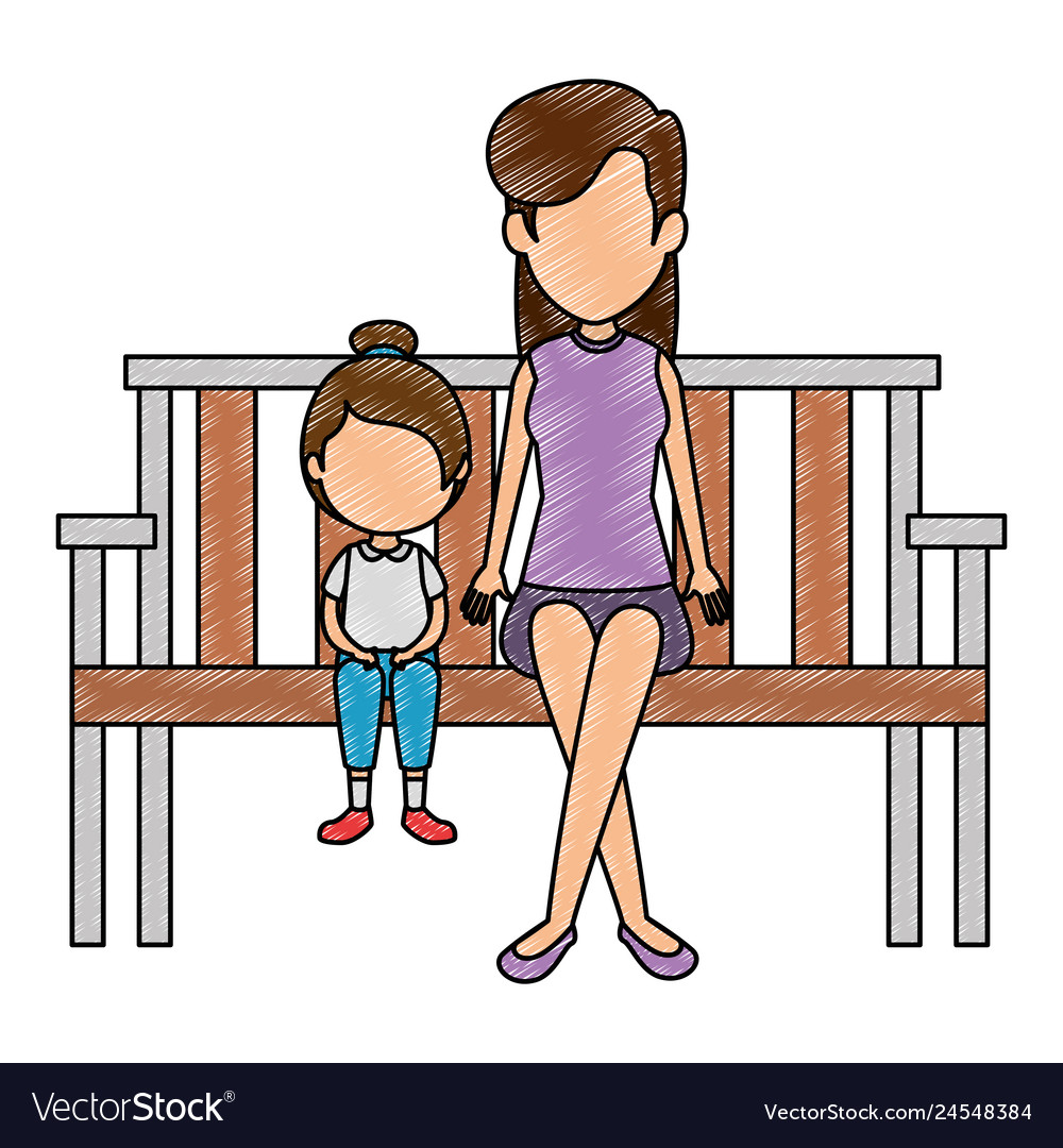 Daughter with mother in the park chair characters