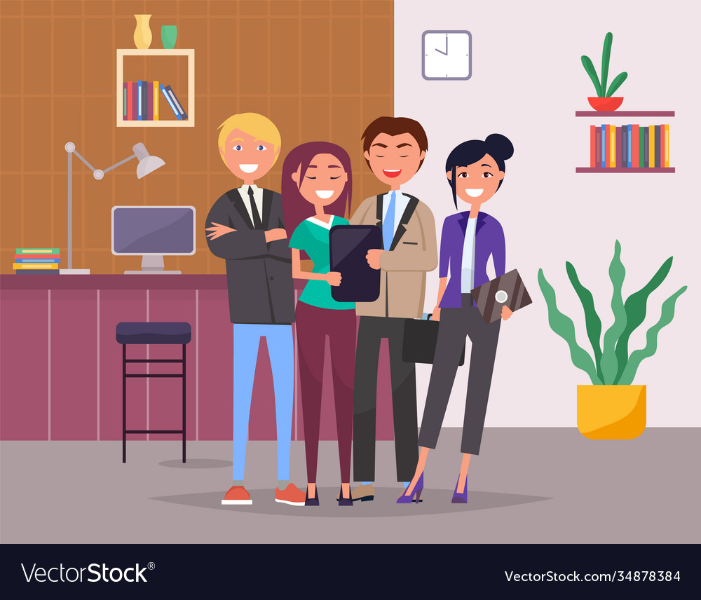 Happy office team stands on cozy background