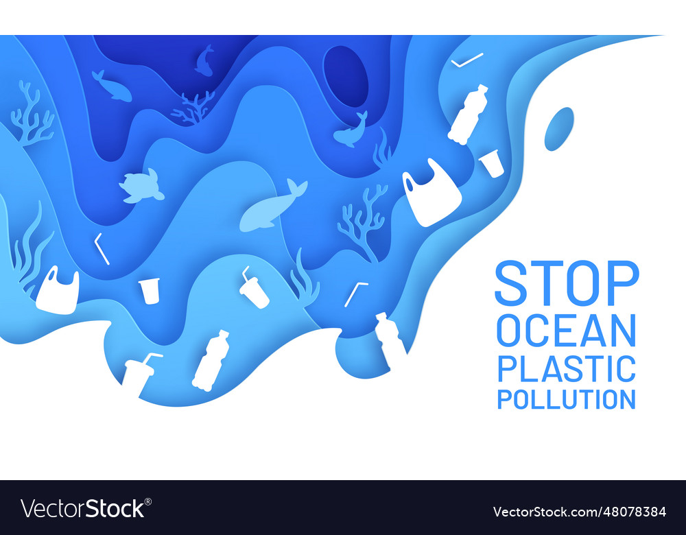 Ocean pollution paper art poster with plastic Vector Image