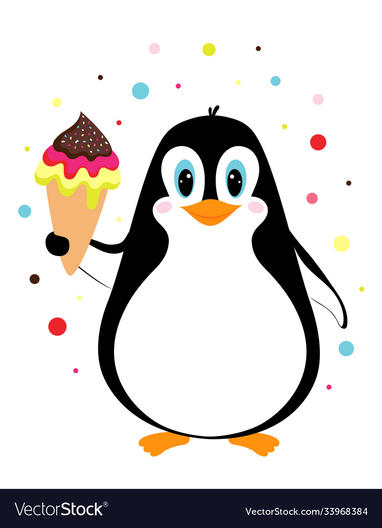 Penguin with ice cream isolated on white