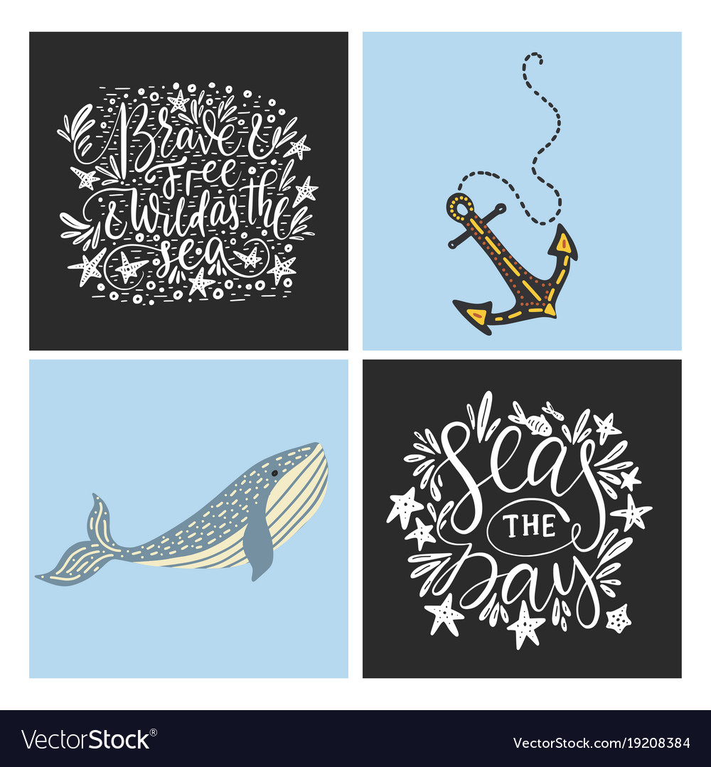 Sea cards set with handdrawn animals