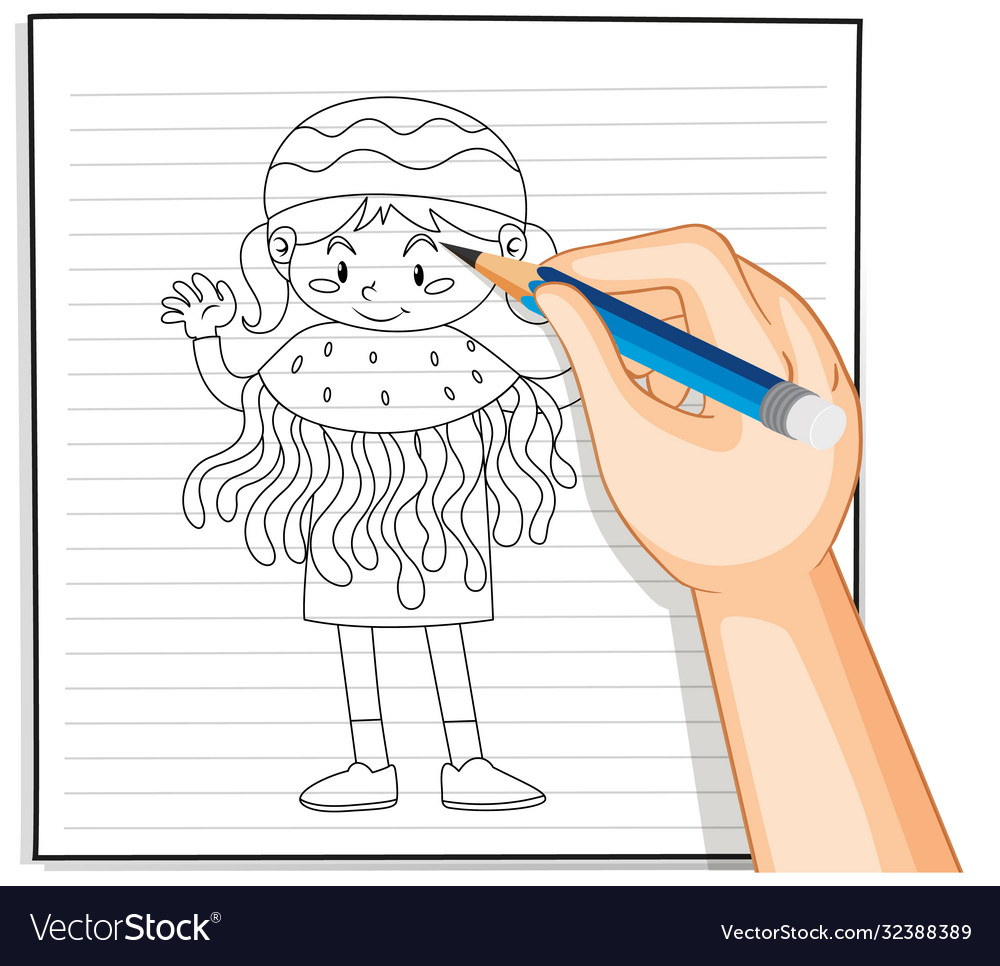 Hand drawing girl in jellyfish costume outline