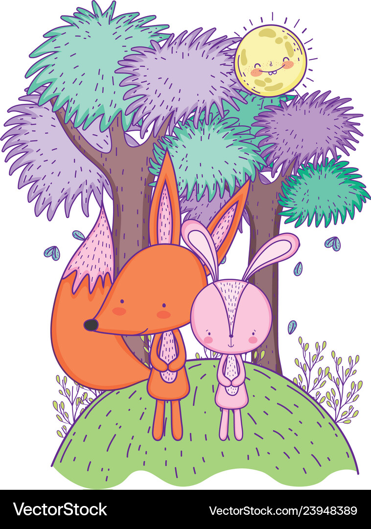 Little fox and rabbit in the landscape characters Vector Image