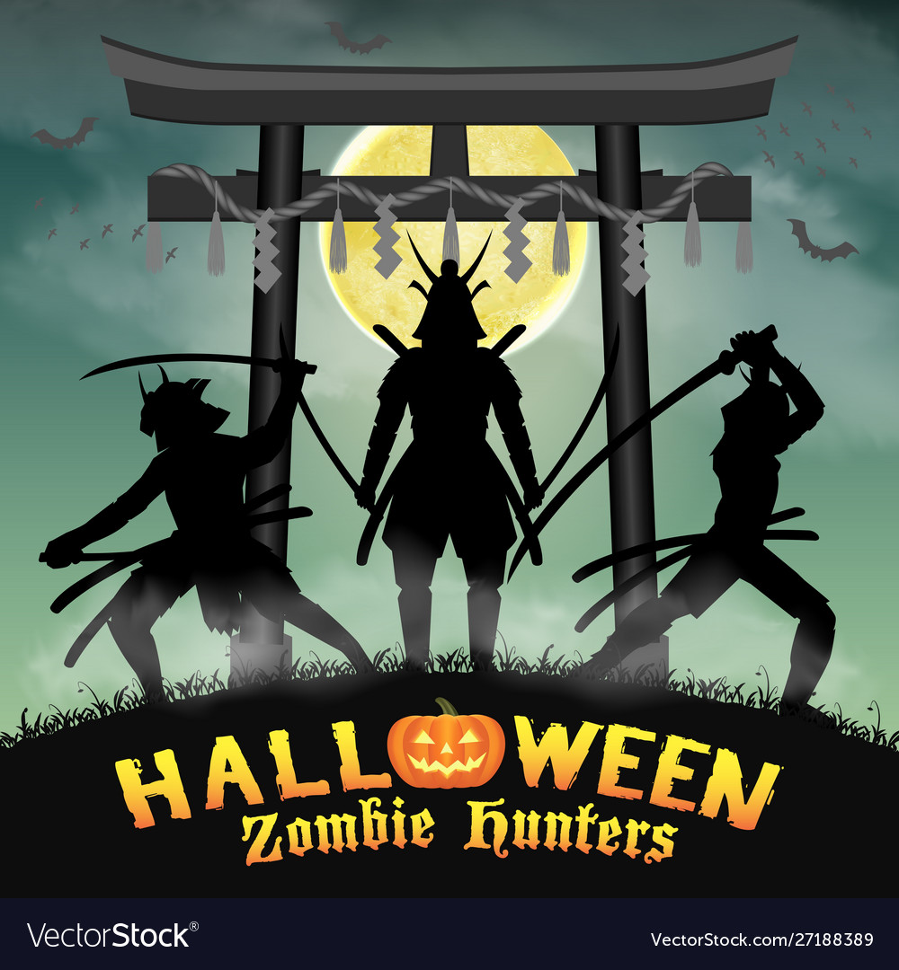 Samurai zombie hunter with japan style temple gate