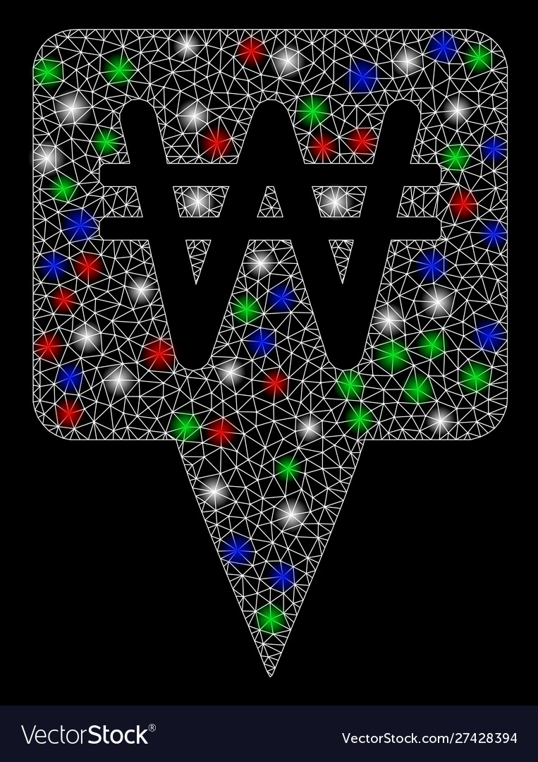 Bright mesh carcass korean won map pointer vector image Bright mesh carcass korean won map pointer
