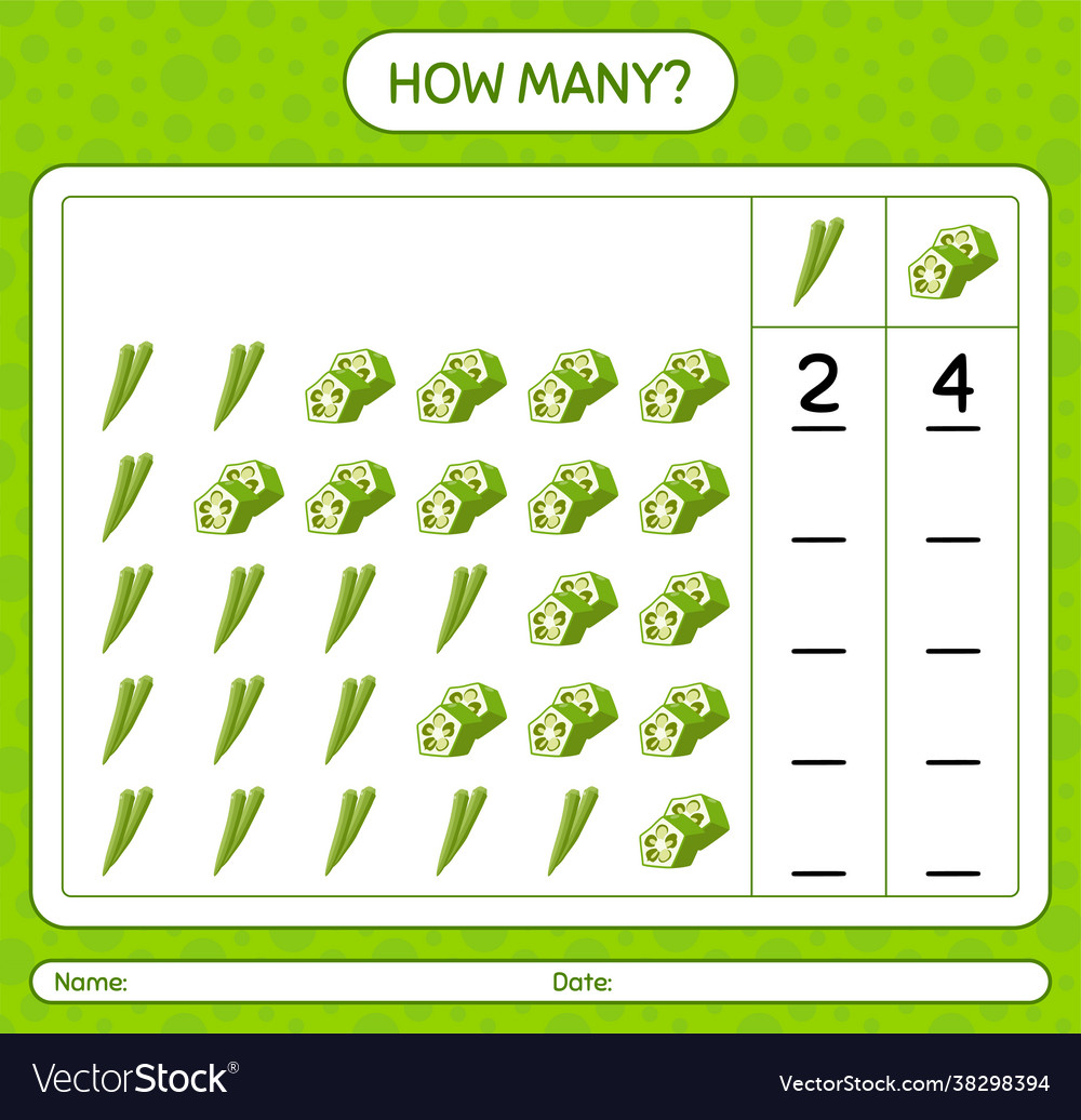 How many counting game with okra worksheet vector image How many counting game with okra worksheet