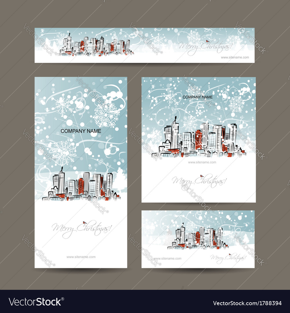 Merry christmas set postcards with cityscape