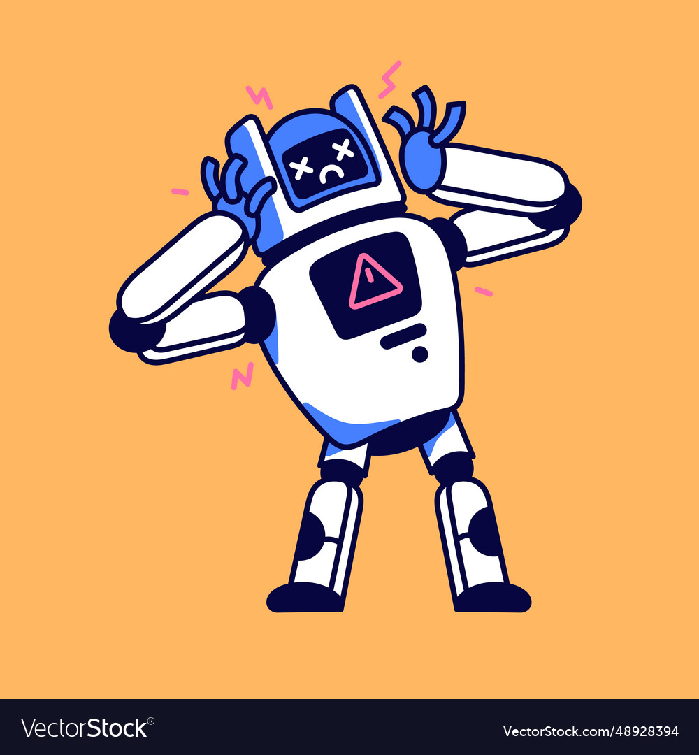 Sad broken robot with warning symbol program bug vector image Sad broken robot with warning symbol program bug