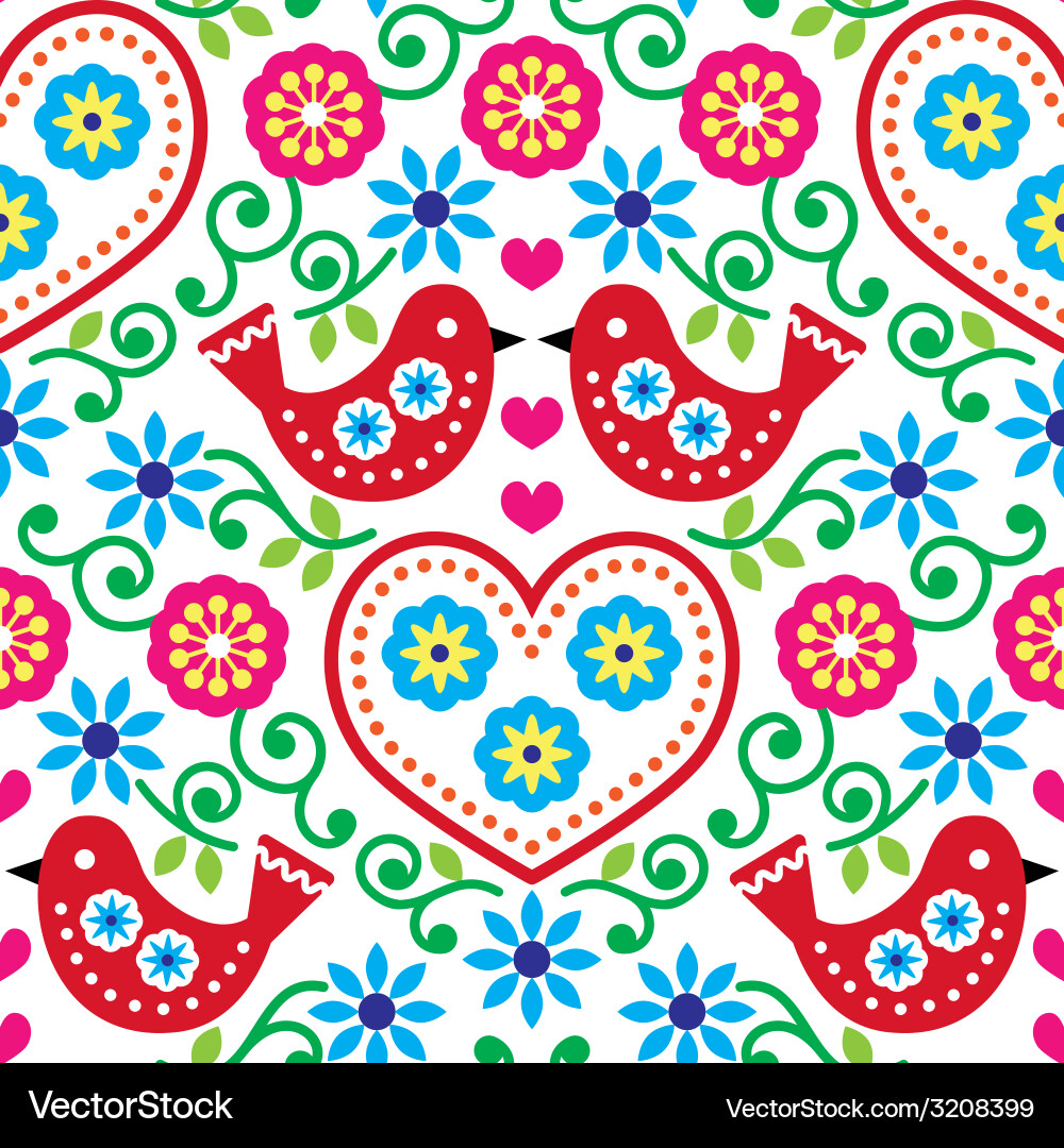 Folk art seamless pattern with flowers and birds Vector Image
