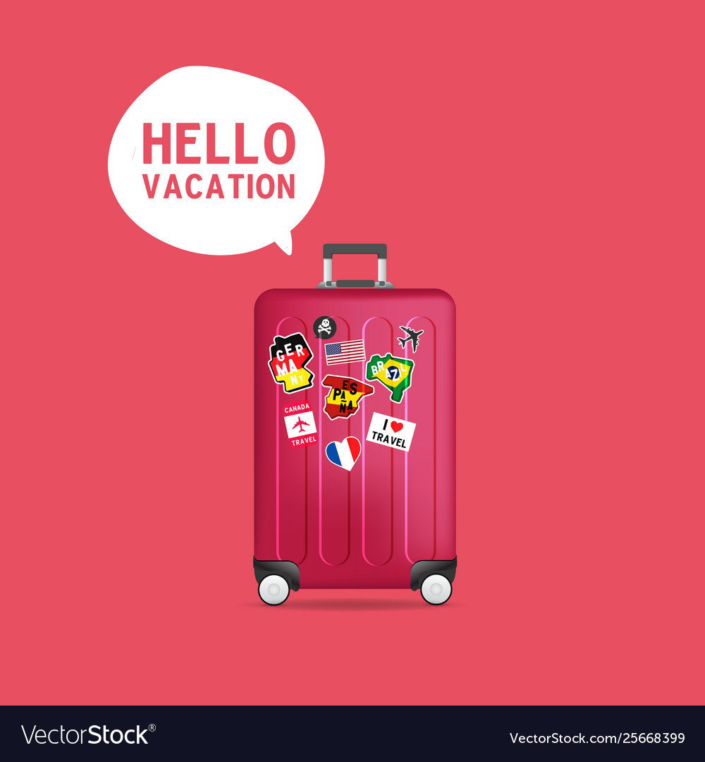 Hello vacation red travel luggage with stickers vector image Hello vacation red travel luggage with stickers