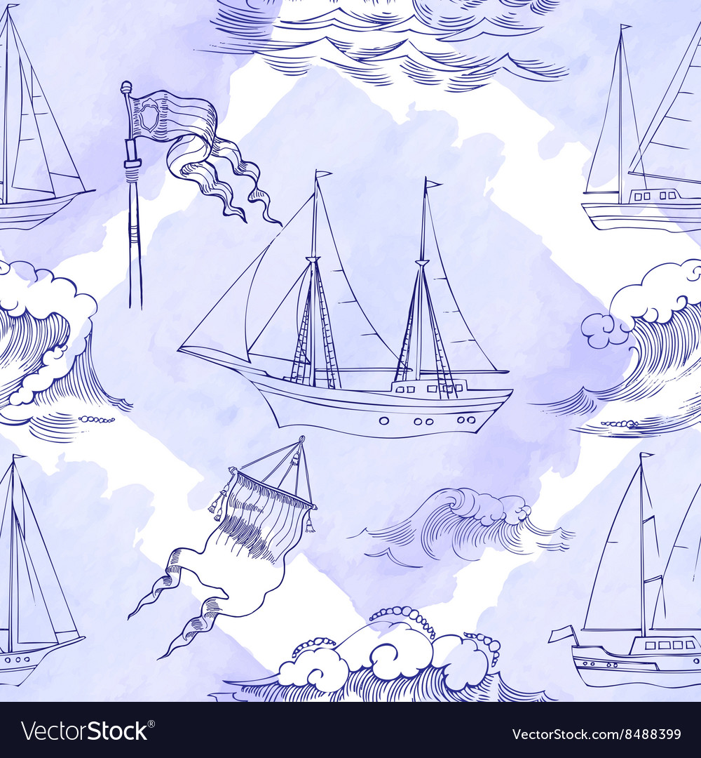 Seamless pattern with waves and ships