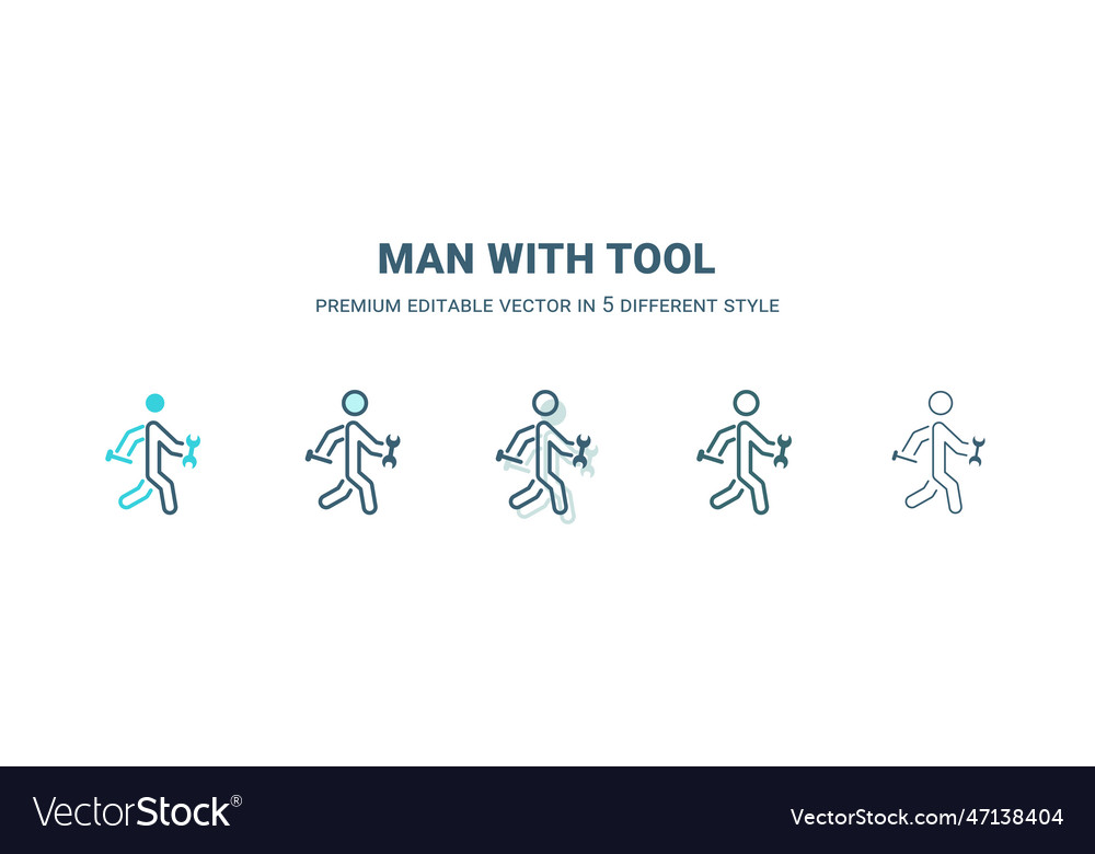 Man with tool icon in 5 different style outline vector image Man with tool icon in 5 different style outline