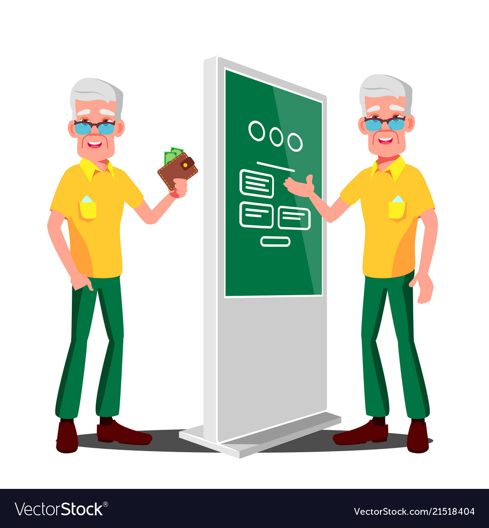 Old man using atm digital terminal vector image Old man using atm digital terminal