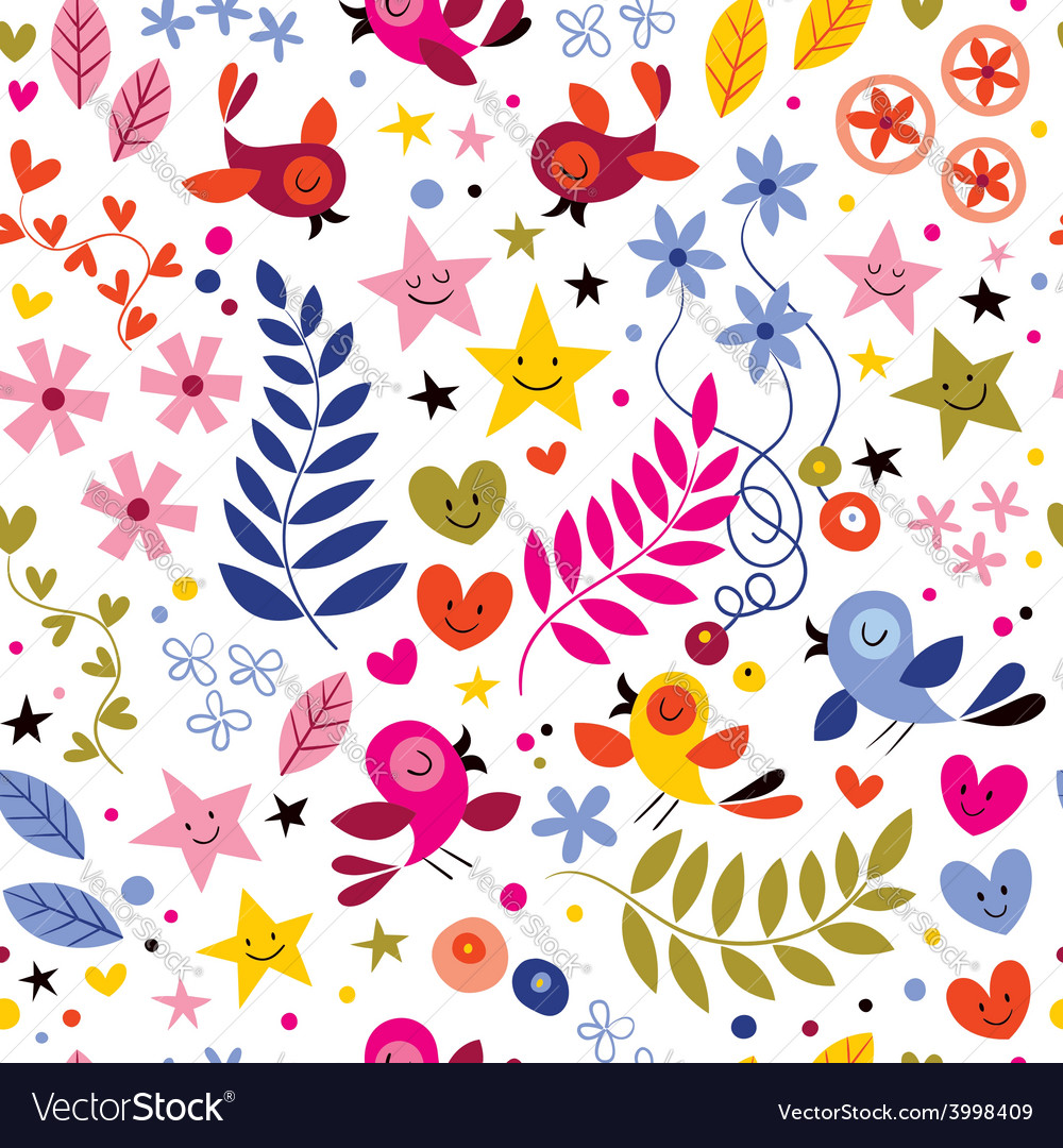 Cute Birds, Flowers, Stars & Hearts Pattern