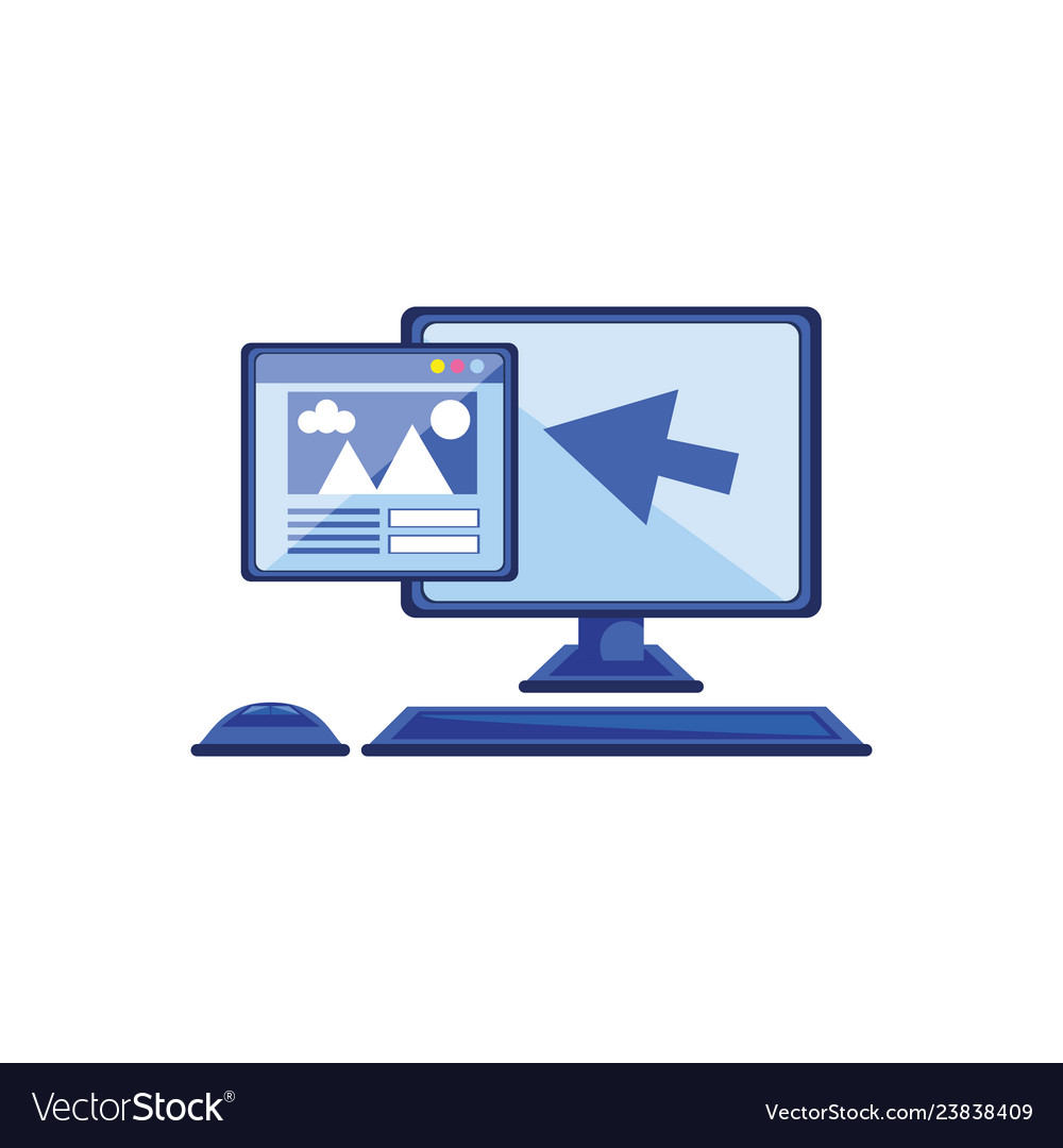 Desktop computer with web page and pointer arrow