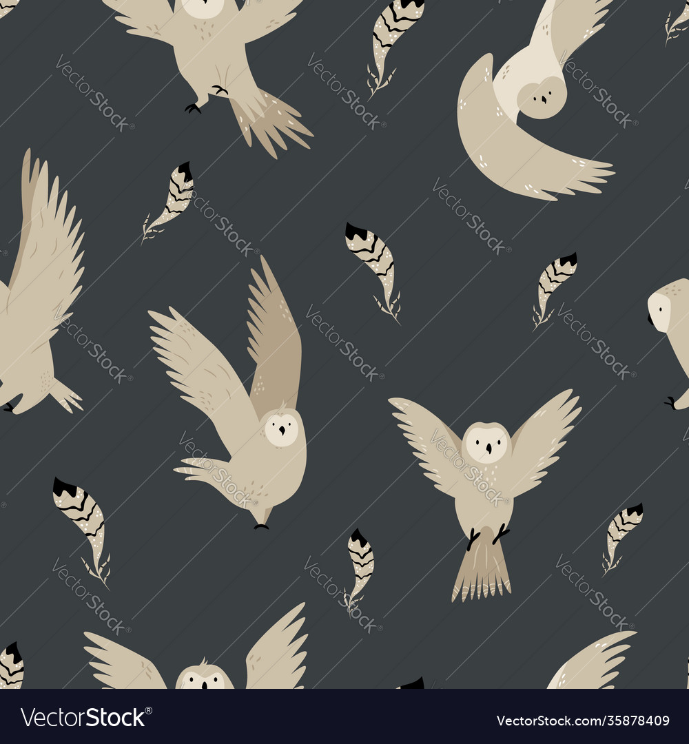 Seamless pattern with cute flying owls and hand