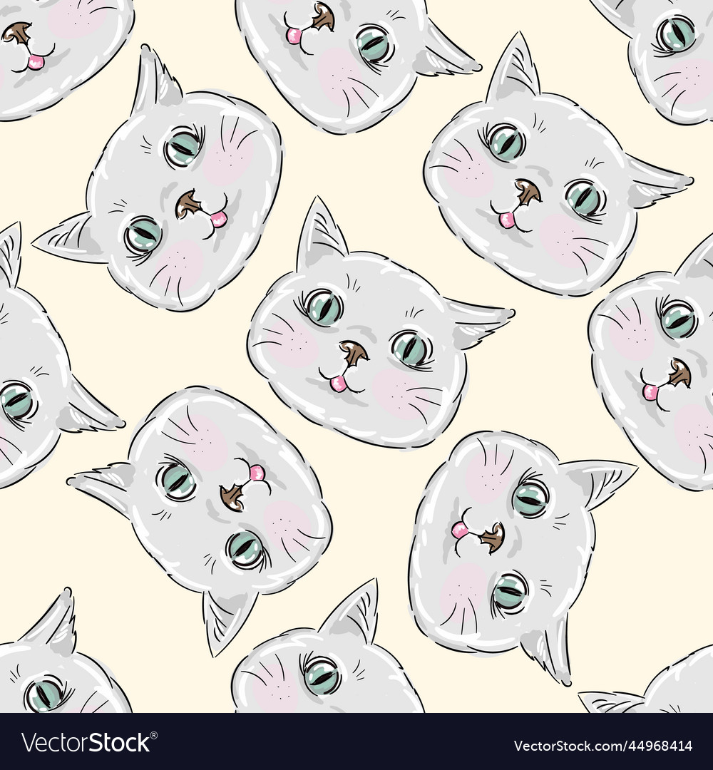 Seamless pattern with face cat grey kitten