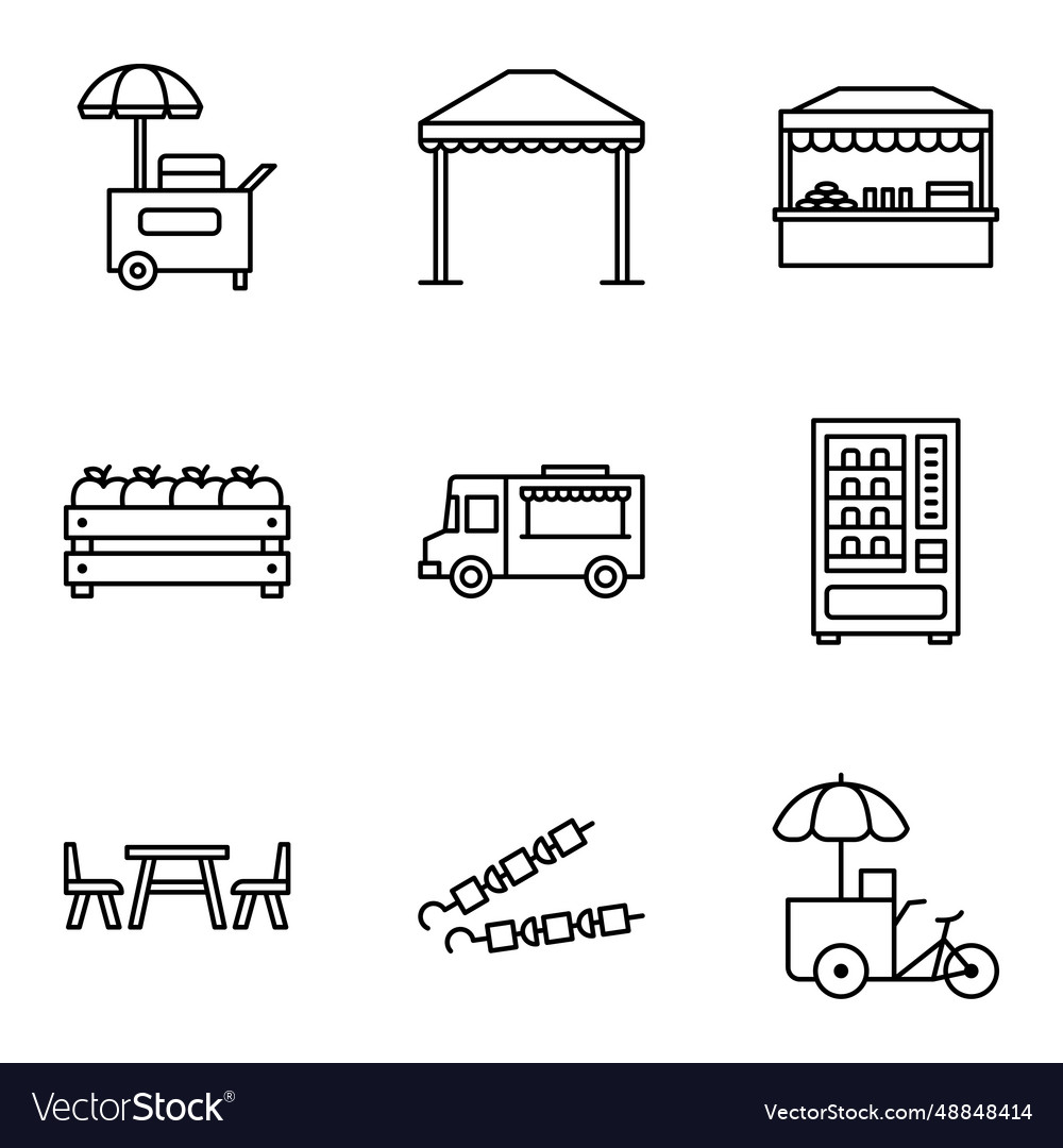 Street food retail icons set market kiosk