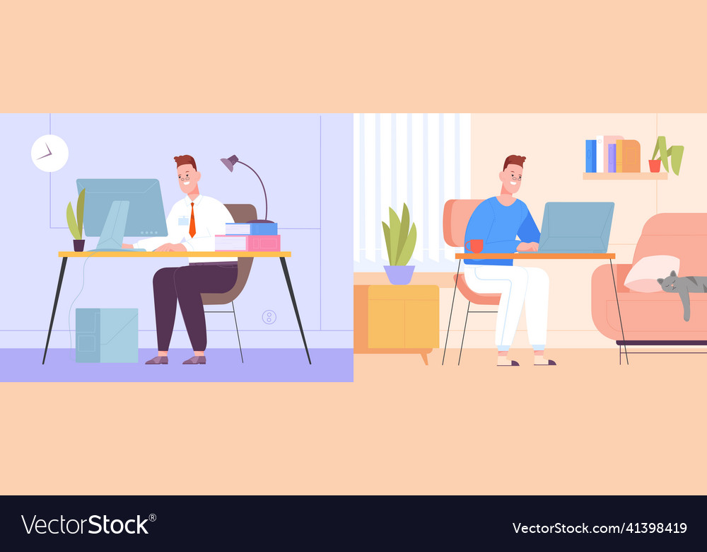 Hybrid work split office workplace businessman vector image Hybrid work split office workplace businessman