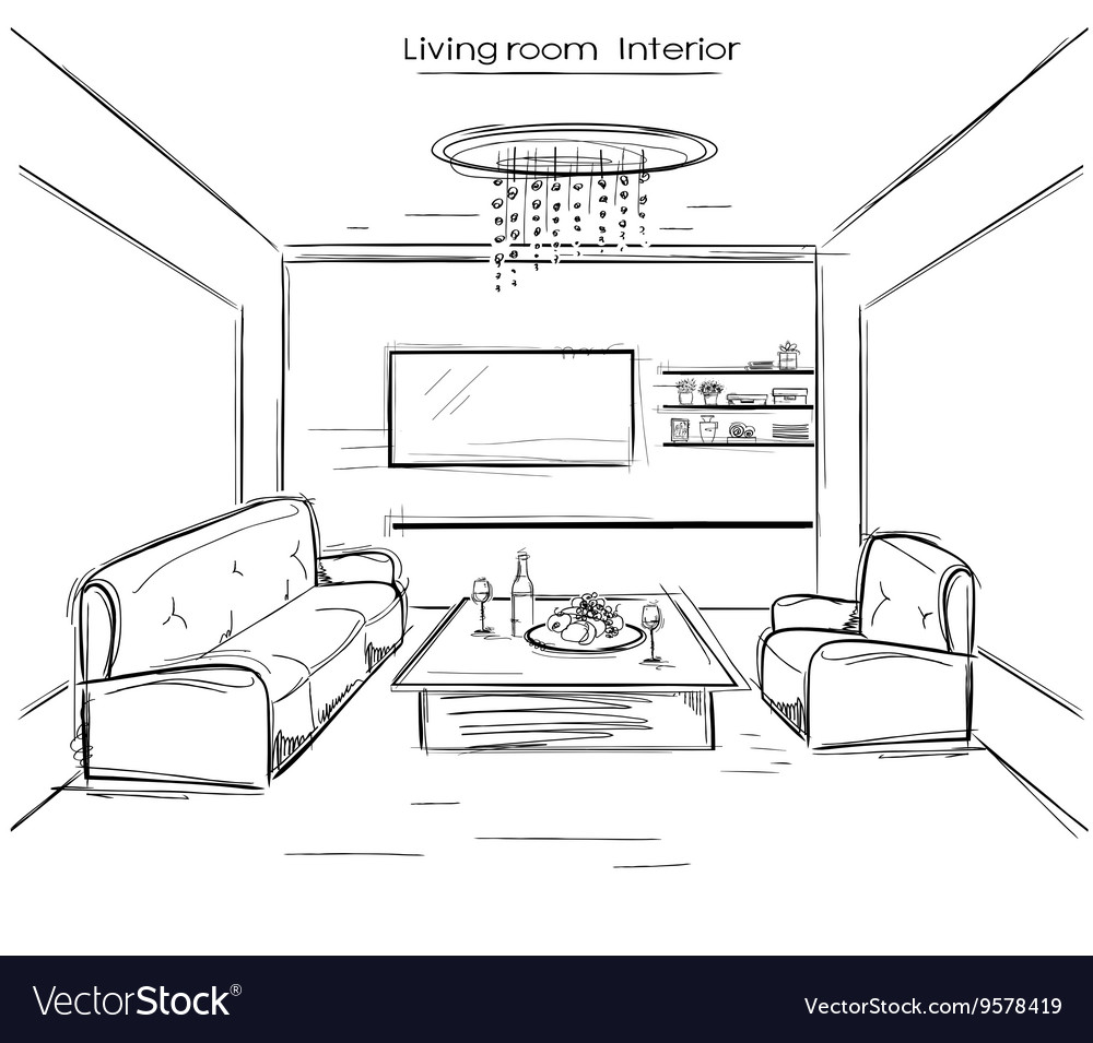 Living Room Drawing Images Baci Living Room   Living Room Interior Black Hand Drawing Vector 9578419 