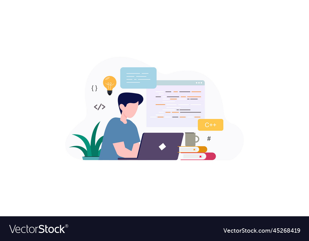 Man programmer is working on his laptop vector image Man programmer is working on his laptop