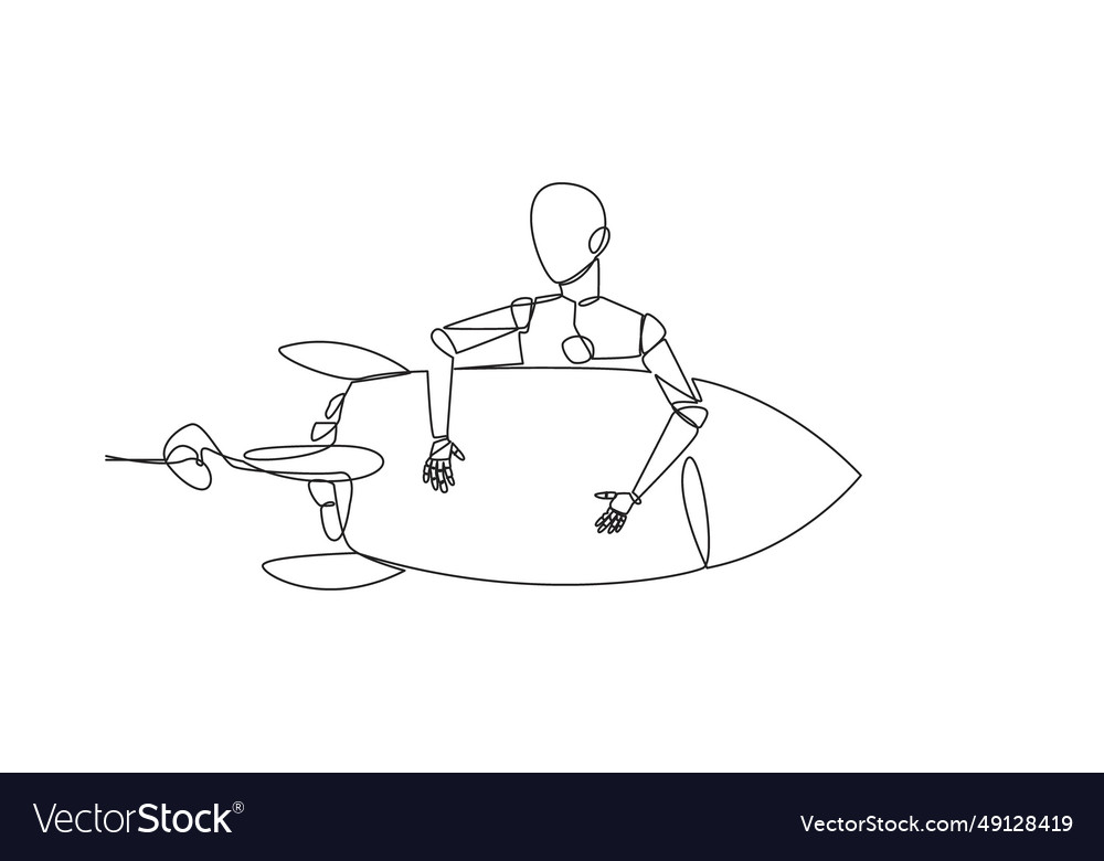 Single one line drawing robot hugging flying vector image Single one line drawing robot hugging flying