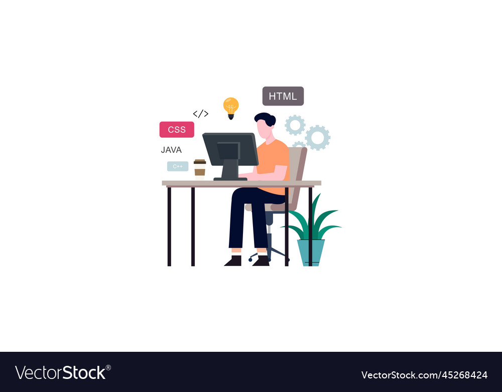 Man programmer is working on his laptop concept vector image Man programmer is working on his laptop concept