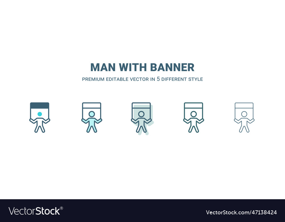 Man with banner icon in 5 different style outline