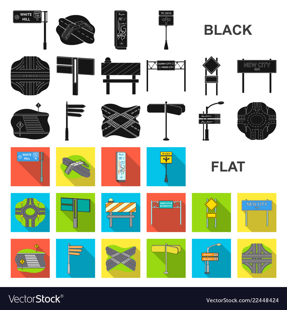 Road junctions and signs flat icons in set vector image Road junctions and signs flat icons in set