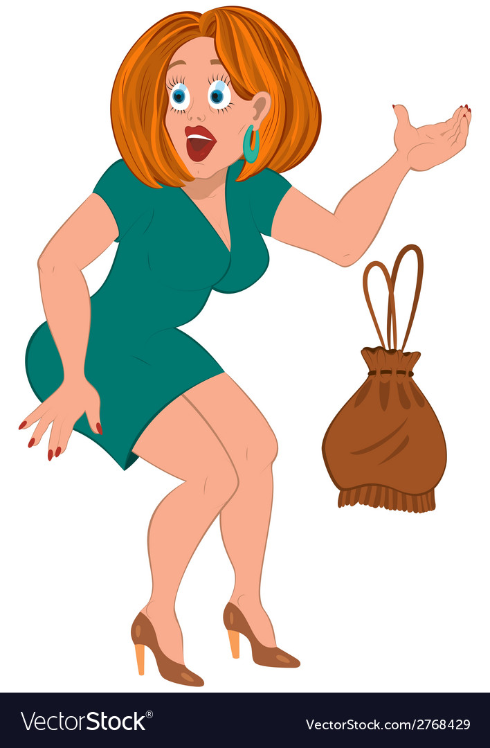 Cartoon woman in green dress and brown bag