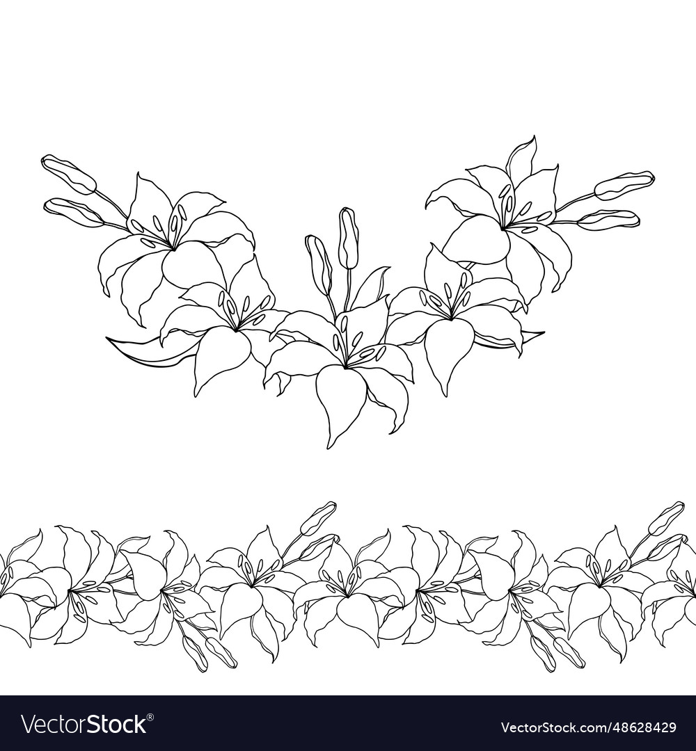 Lilly flower line art garland for design of card