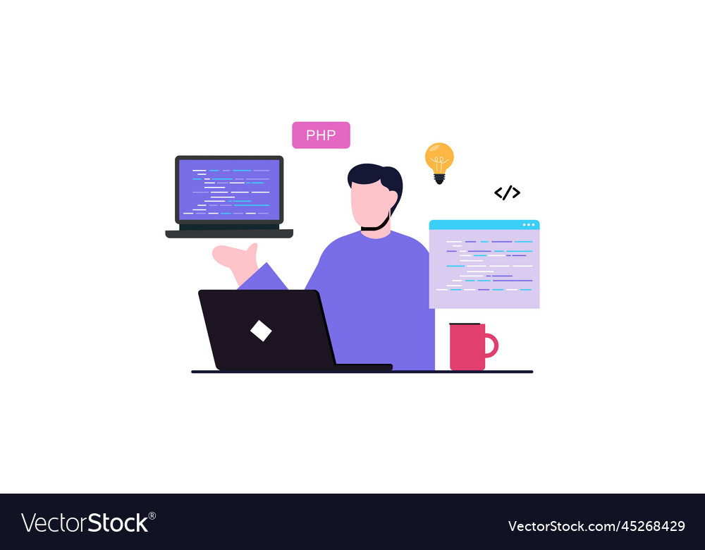 Man programmer is working on his laptop concept vector image Man programmer is working on his laptop concept