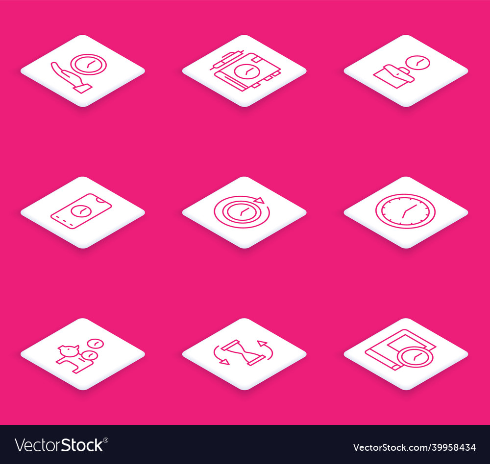 Set line clock daily paper notepad work time vector image Set line clock daily paper notepad work time