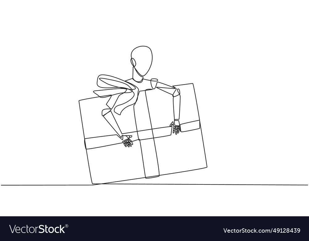 Continuous one line drawing robot hugging gift vector image Continuous one line drawing robot hugging gift
