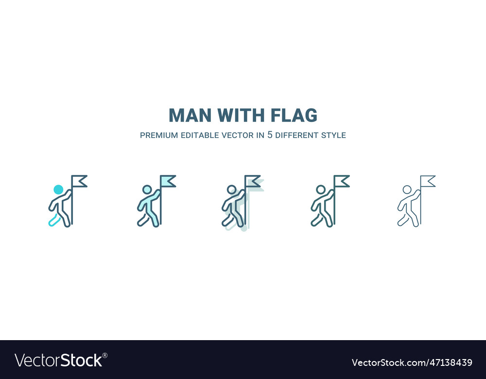 Man with flag icon in 5 different style outline vector image Man with flag icon in 5 different style outline