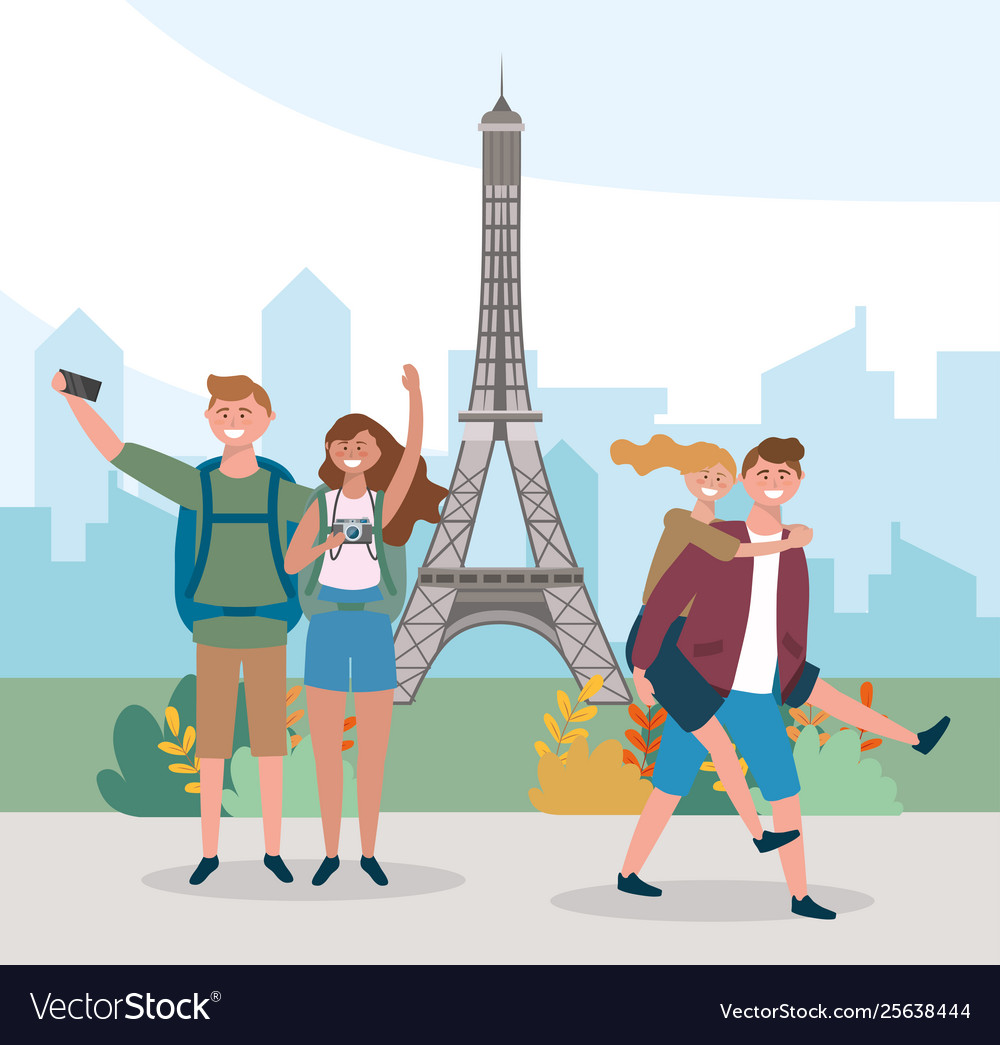 Happy couples with backpack in eiffel tower