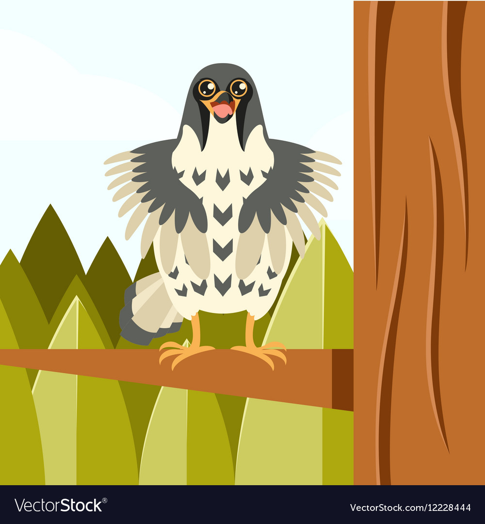 Happy falcon on the tree flat background