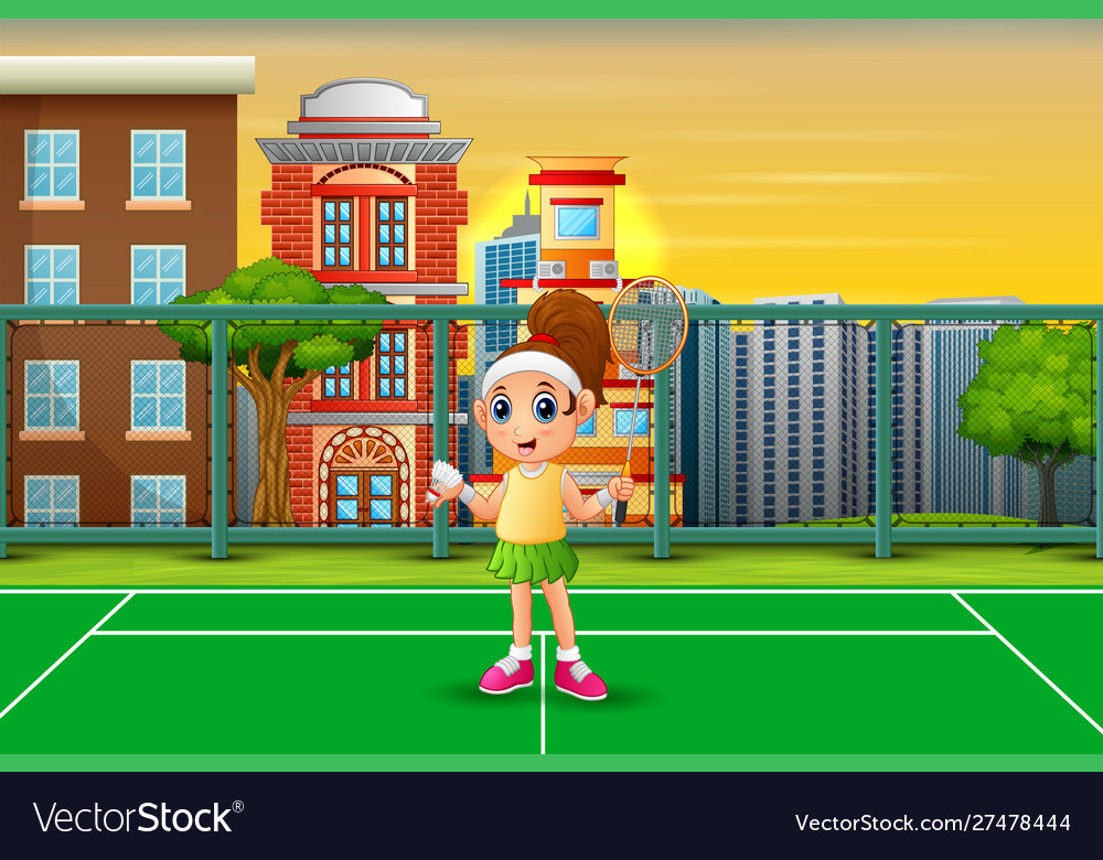 Happy girl playing badminton at court Royalty Free Vector Happy girl playing badminton at court Royalty Free Vector
