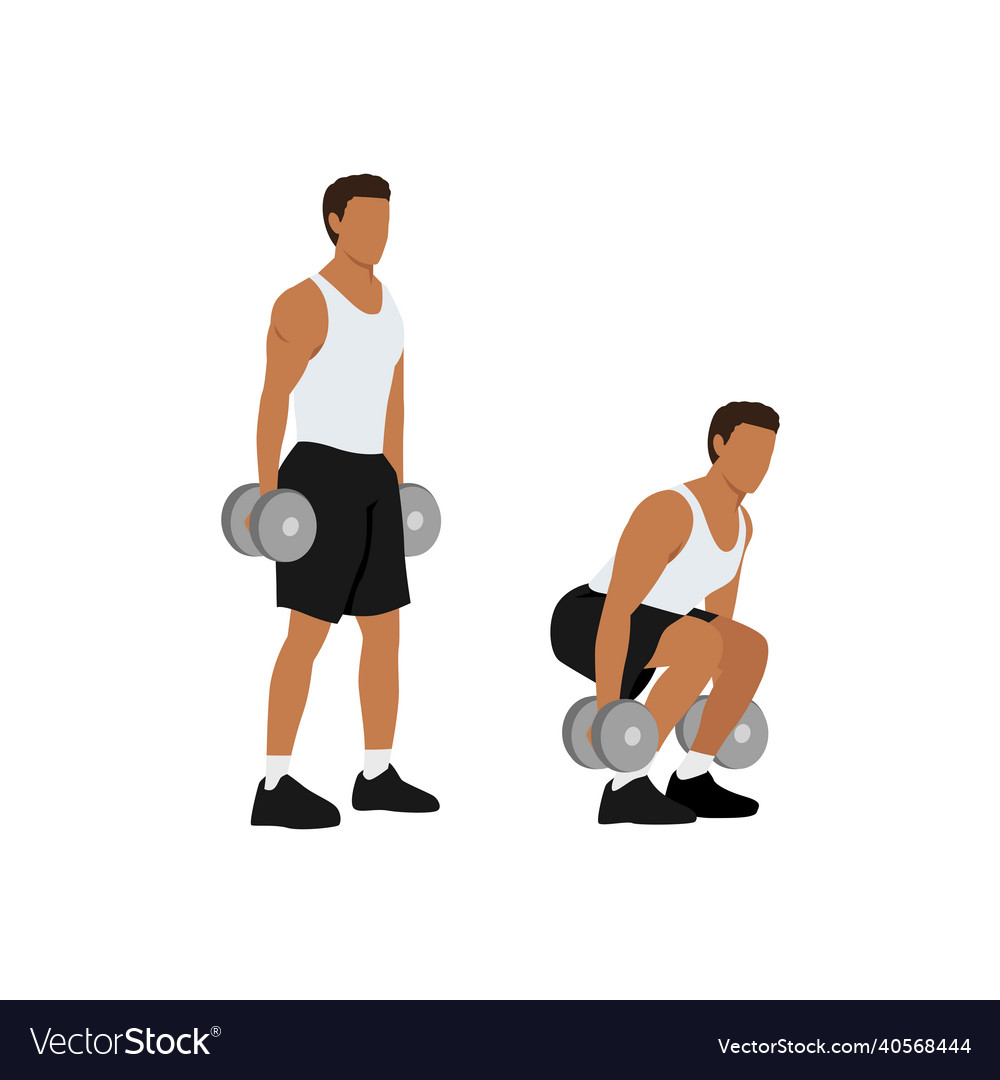 Man character doing dumbbell squats exercise