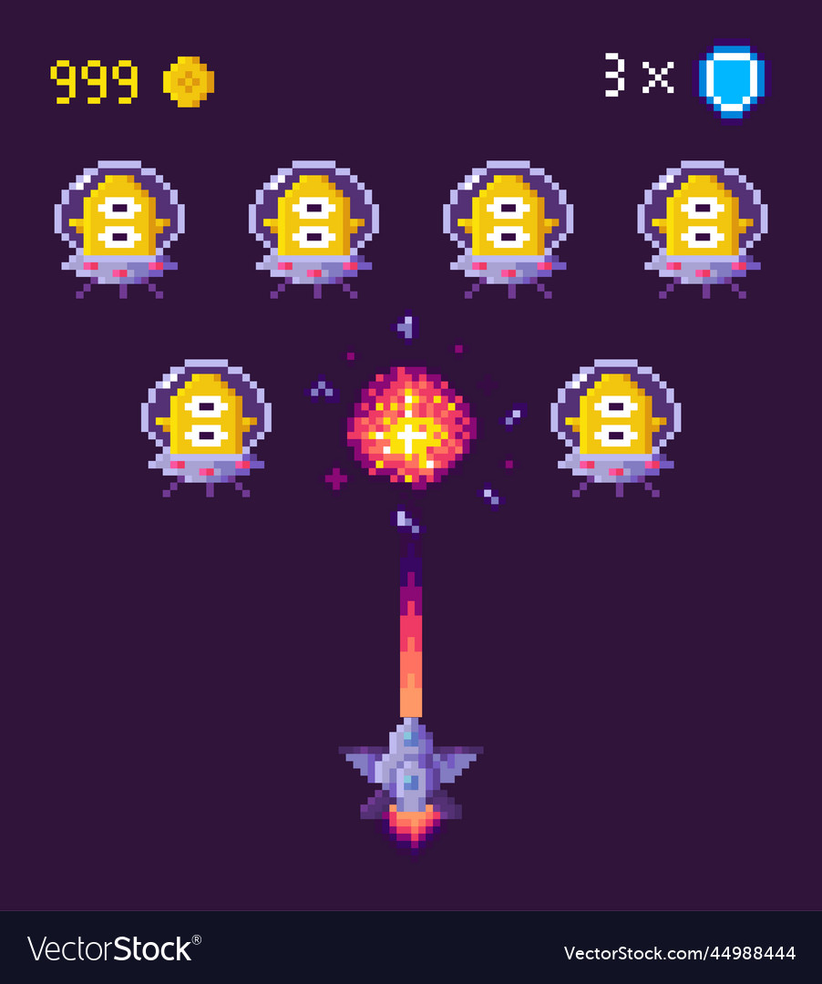 Pixel game space graphics 8 bit aliens spacecraft vector image Pixel game space graphics 8 bit aliens spacecraft