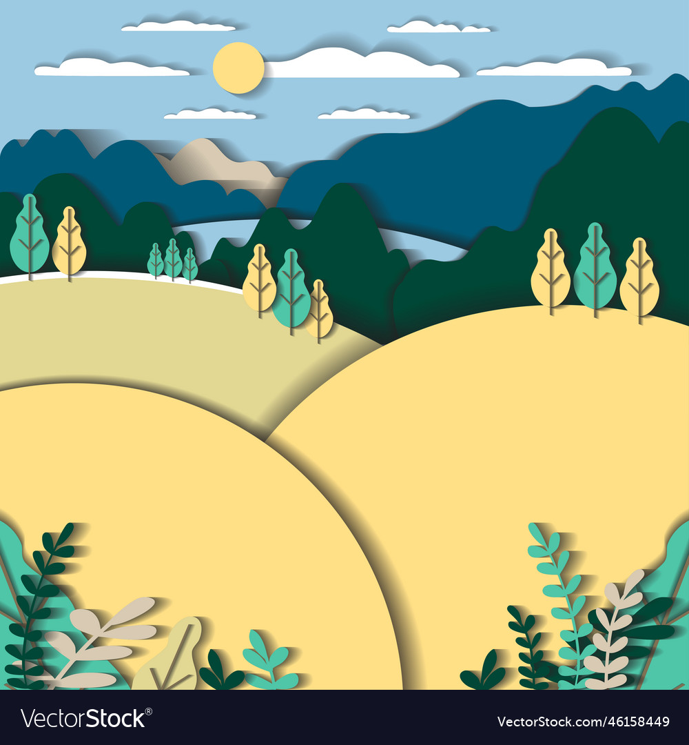 3d paper cut landscape with mountains hills field Vector Image