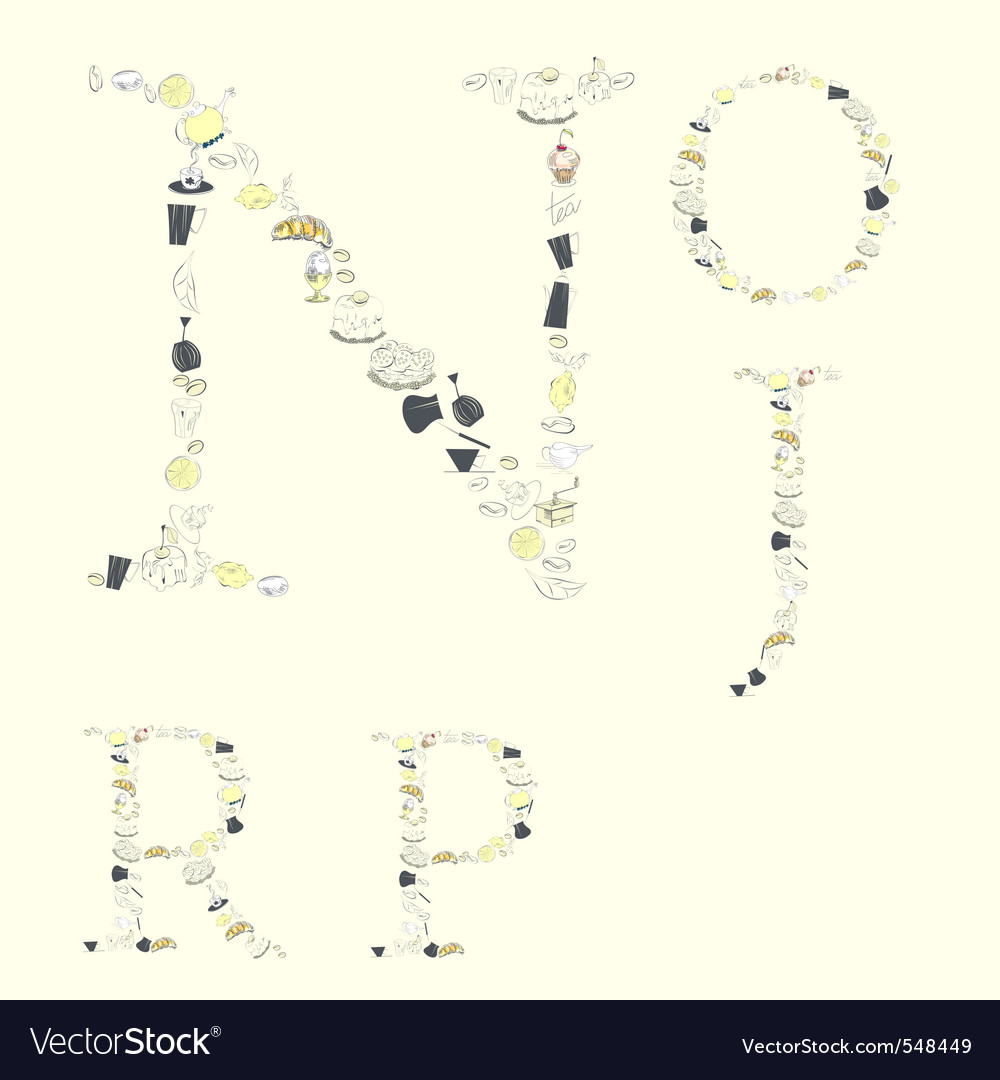 Decorative font with food element letters n o j p