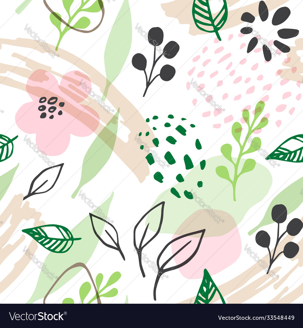 Pattern with pink flowers and green leaves