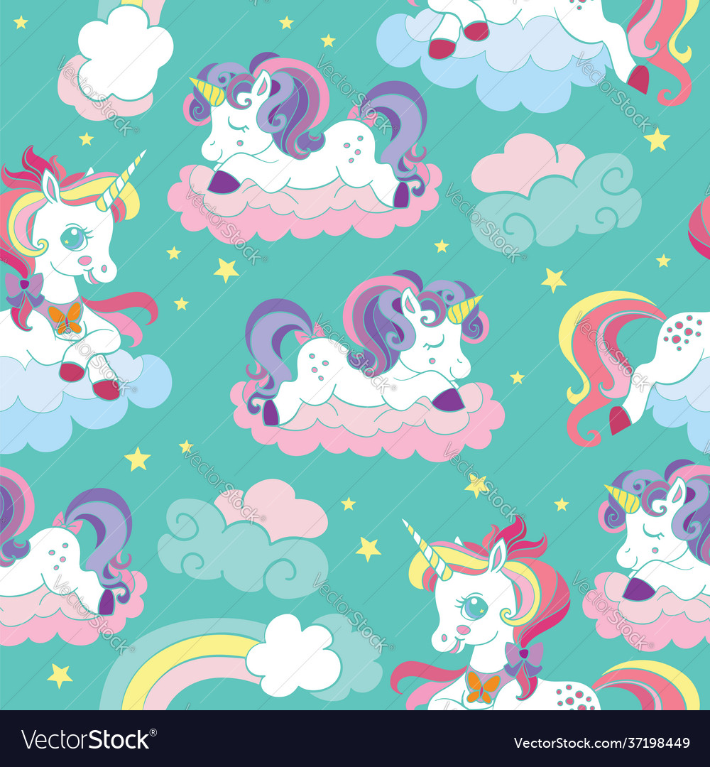 Seamless pattern with dreaming baby unicorns