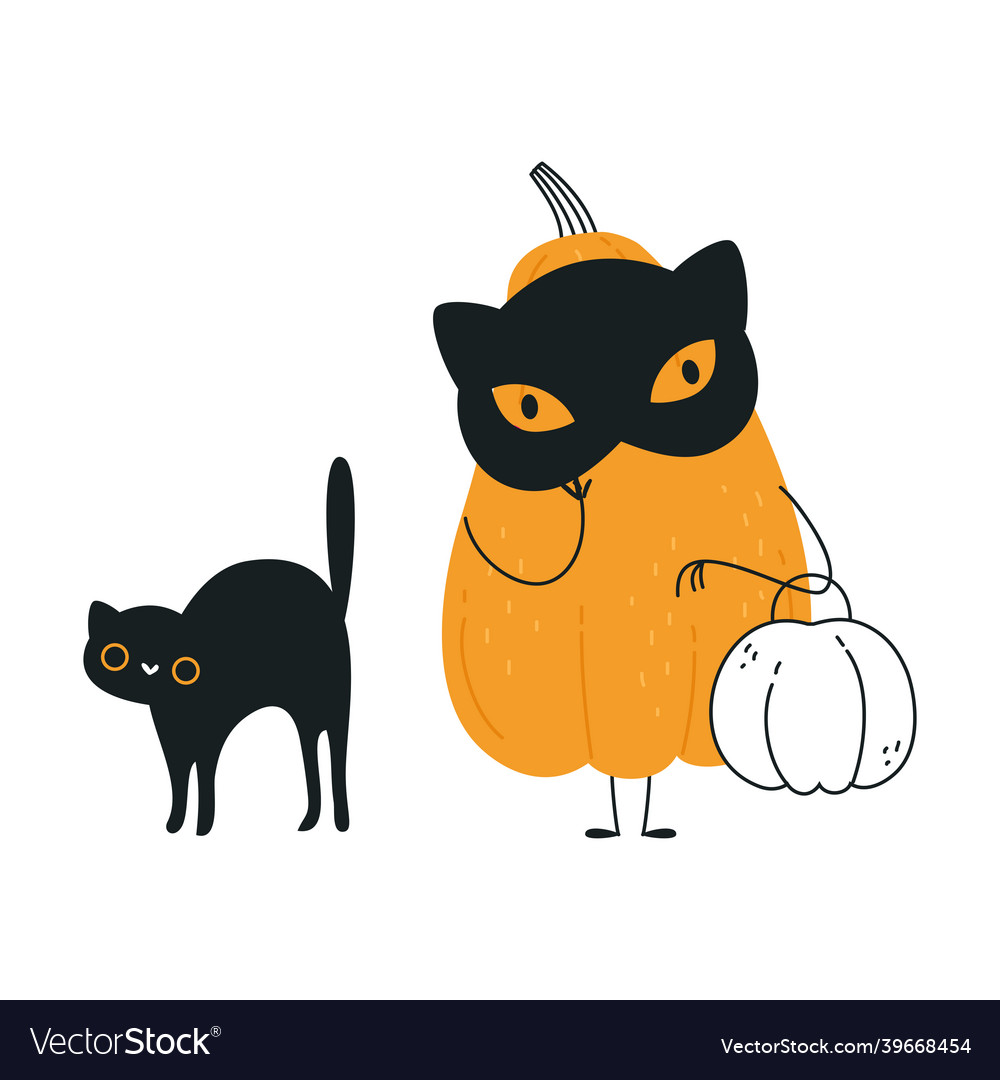 Cute orange pumpkin character in black mask