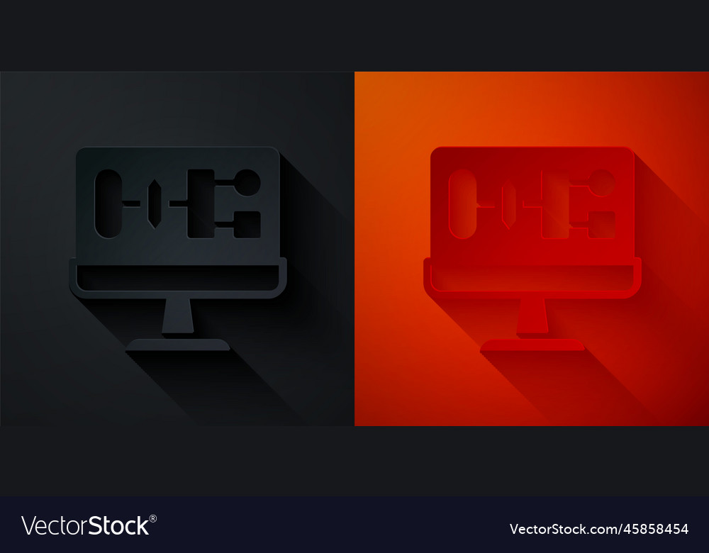 Paper cut algorithm icon isolated on black and red