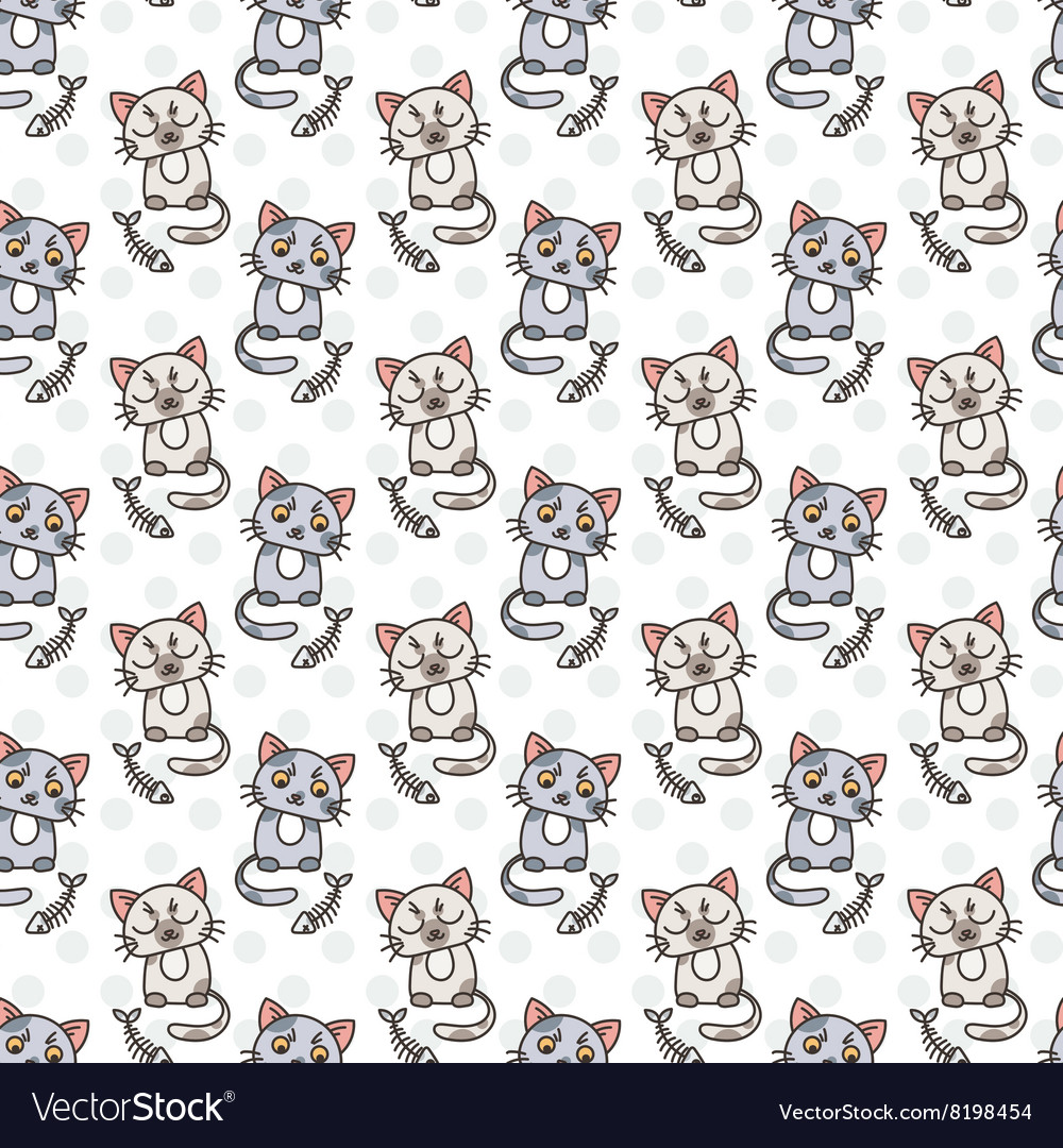 Seamless pattern of cute cat characters fishbone