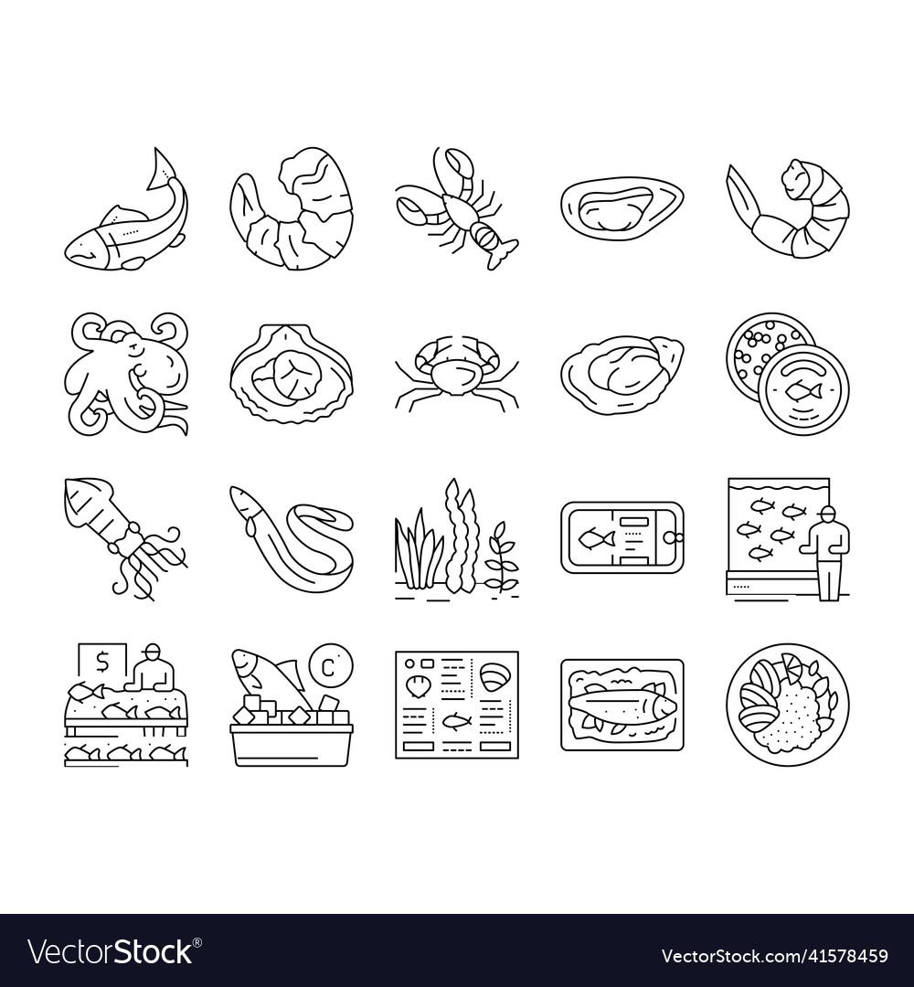 Seafood cooked food dish menu icons set