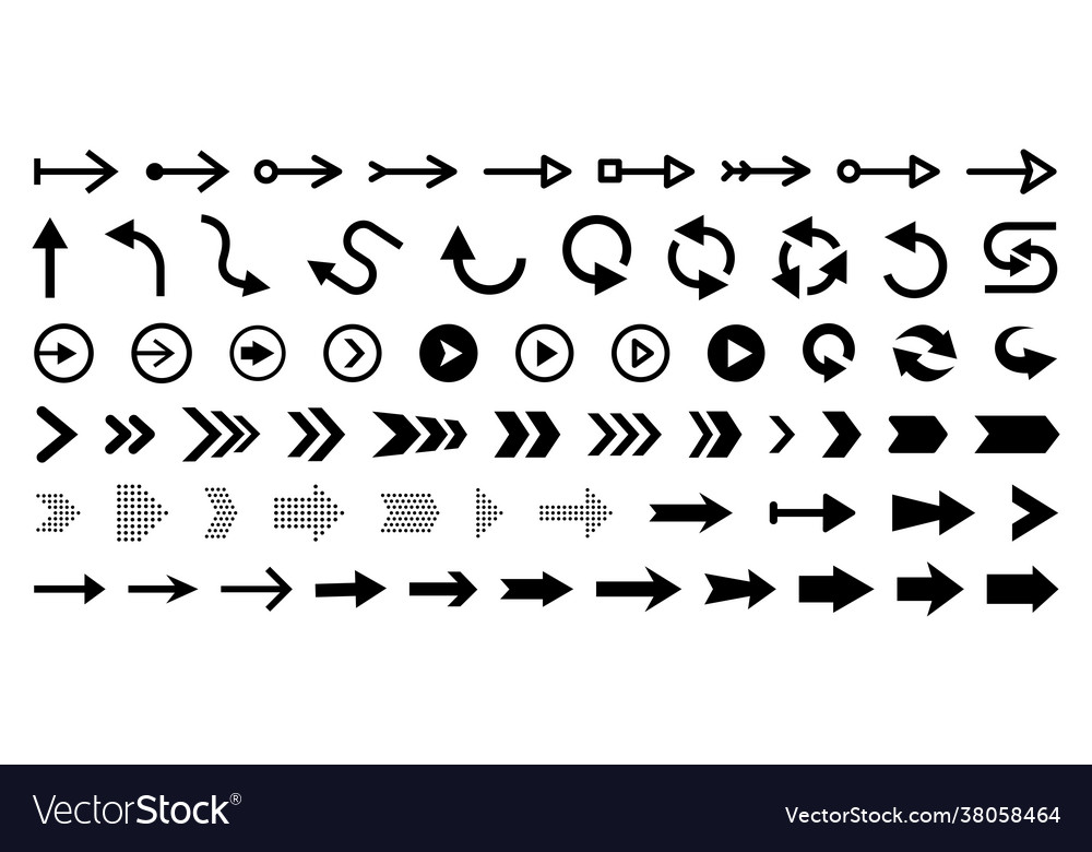 Black flat arrows and direction pointers in set