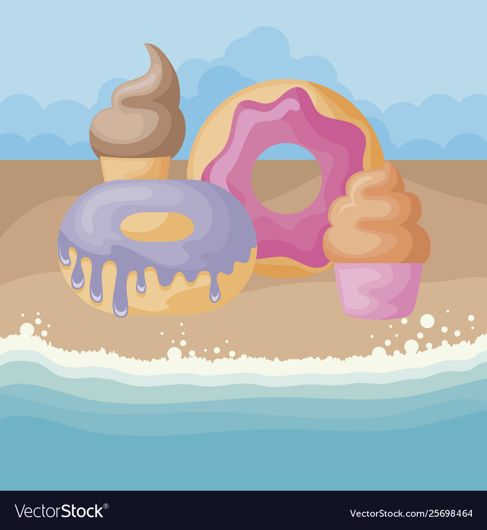 Eiscreme mit Donuts und Cupcake am Strand